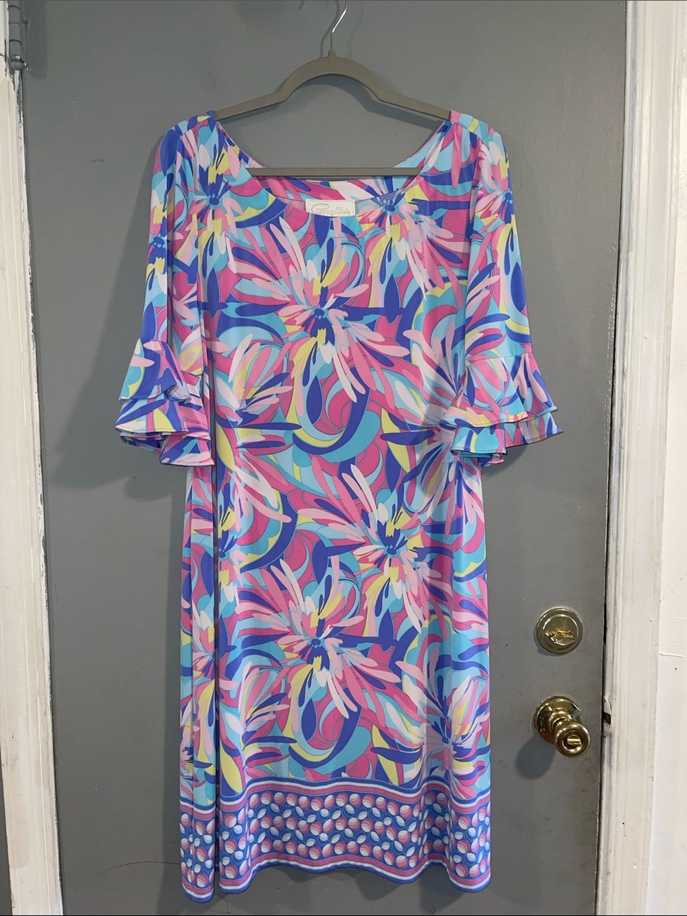Pappagallo colorful ruffle belle sleeve Cactus Rose‎ jersey dress XL
